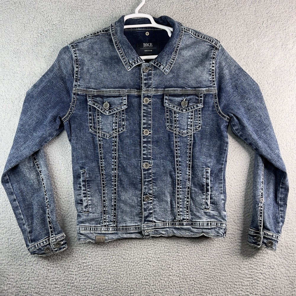 BKE Men Jacket MEDIUM Blue Denim Jacket Western Button Trucker Stretch